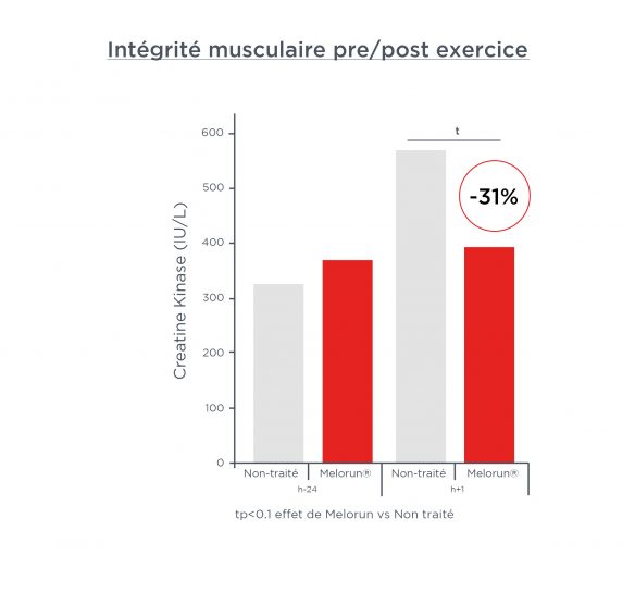 Diagramme montrant l'efficacité avant/après du produit Melorun après un exercice sur l'intégrité musculaire